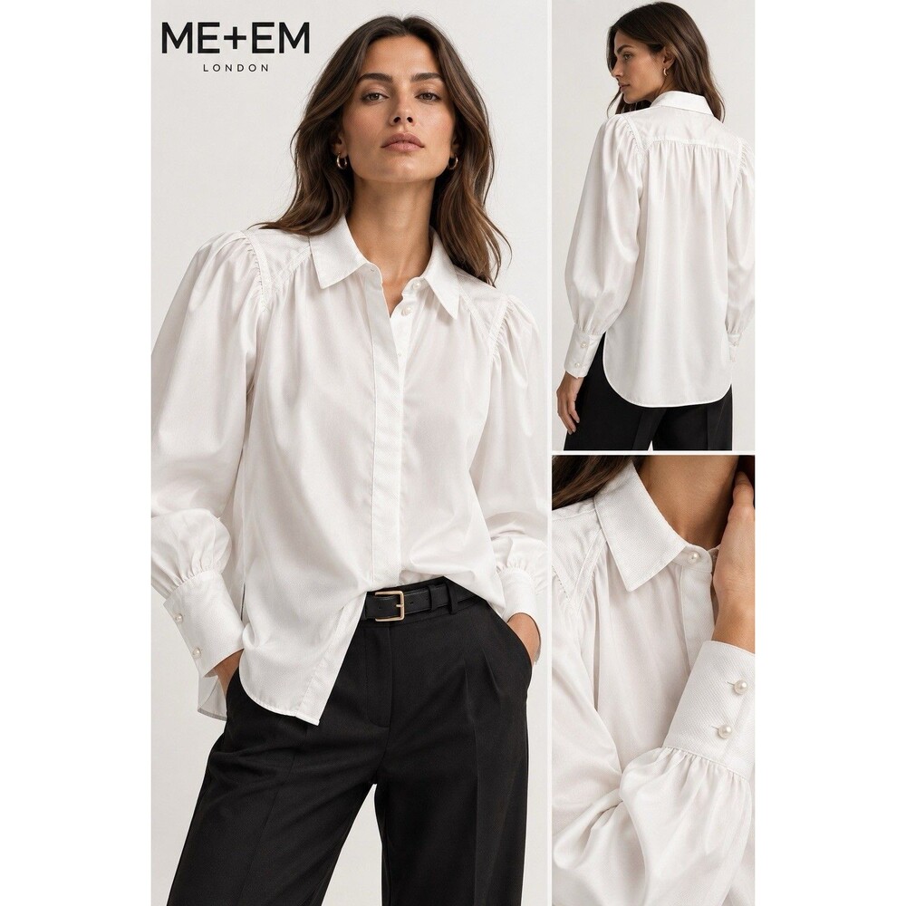 ME+EM White Cotton Puff Sleeve Blouse French Pearl Cuffs Large Quiet Luxury